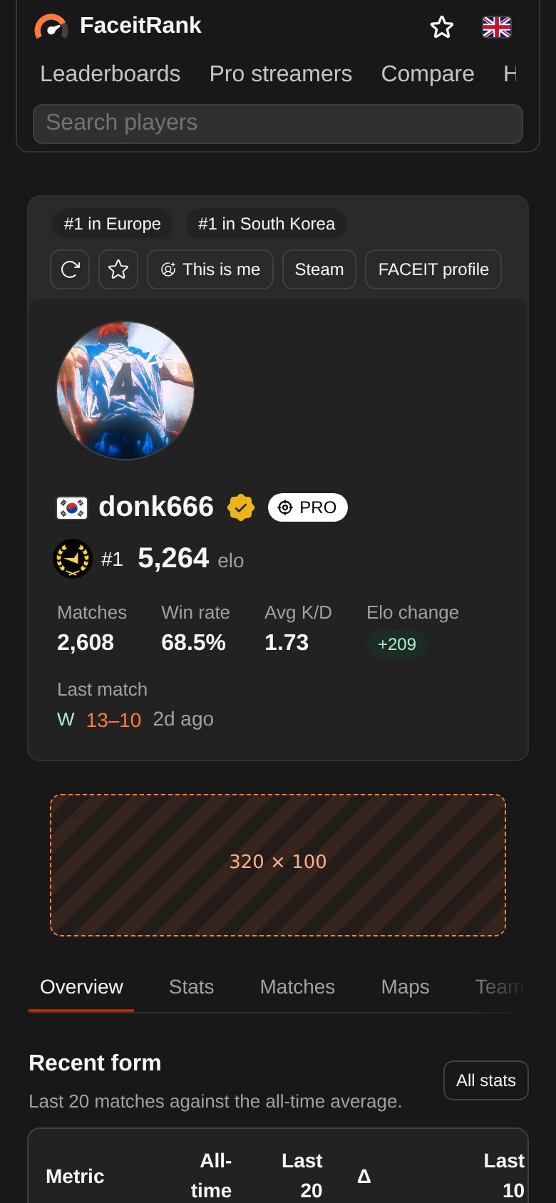 A player profile on a phone with a mobile banner slot under the header